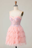 Load image into Gallery viewer, Pink Tulle Short Spaghetti Straps Corset Homecoming Dress with Ruffles