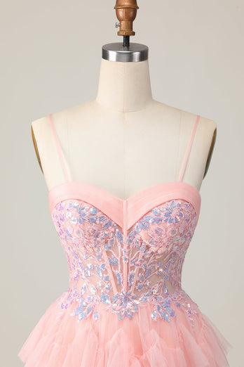 Pink Tulle Short Spaghetti Straps Corset Homecoming Dress with Ruffles