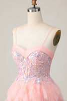 Load image into Gallery viewer, Pink Tulle Short Spaghetti Straps Corset Homecoming Dress with Ruffles