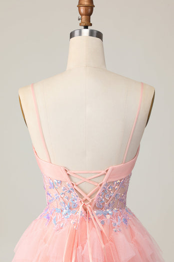 Pink Tulle Short Spaghetti Straps Corset Homecoming Dress with Ruffles