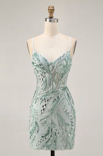 Sparkly Green Spaghetti Straps Short Corset Homecoming Dress with Sequins