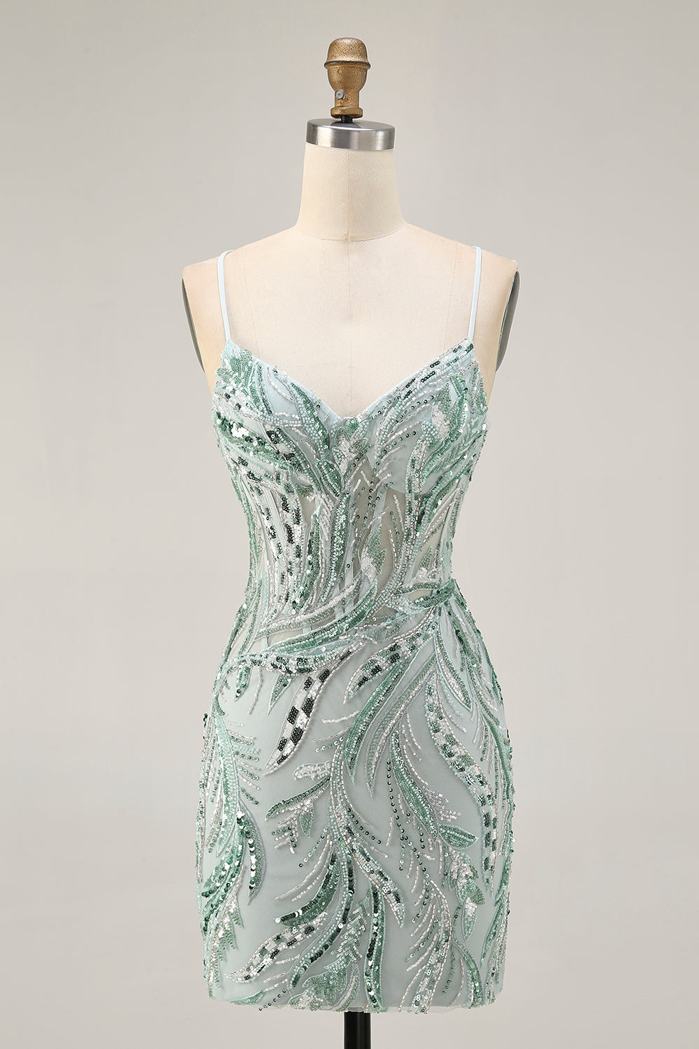 Sparkly Green Spaghetti Straps Short Corset Homecoming Dress with Sequins