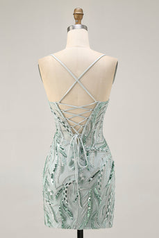 Sparkly Green Spaghetti Straps Short Corset Homecoming Dress with Sequins