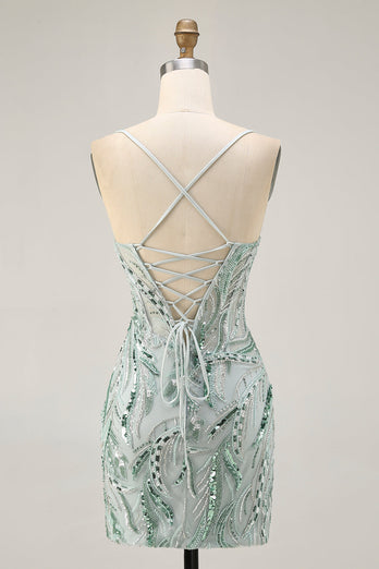 Sparkly Green Spaghetti Straps Short Corset Homecoming Dress with Sequins