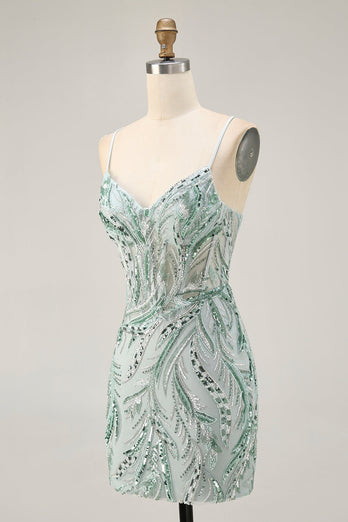 Sparkly Green Spaghetti Straps Short Corset Homecoming Dress with Sequins