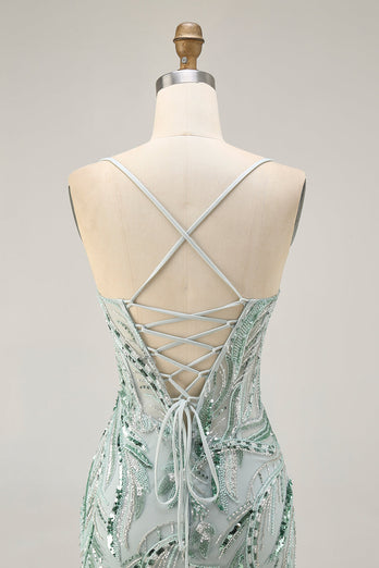 Sparkly Green Spaghetti Straps Short Corset Homecoming Dress with Sequins