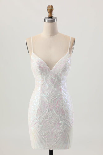 Sparkly White Sequins Tight Spaghetti Straps Short Homecoming Dress