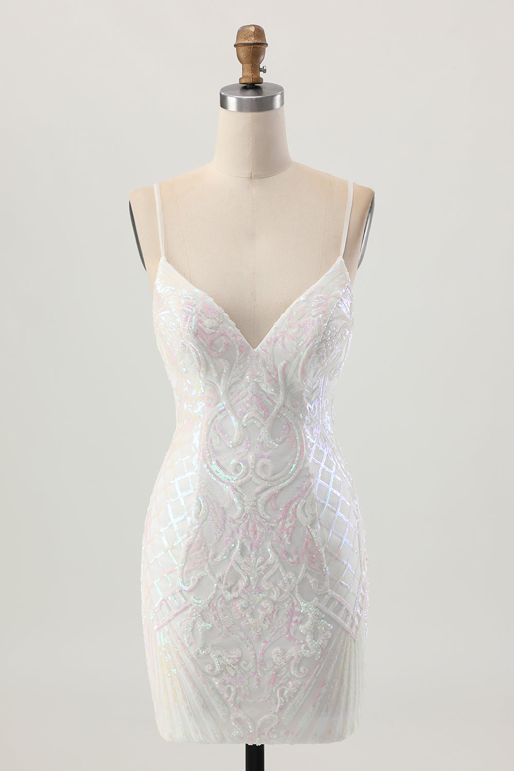 Sparkly White Sequins Tight Spaghetti Straps Short Homecoming Dress