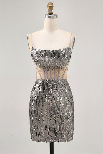 Sparkly Steel Grey Sequin Corset Short Tight Homecoming Dress