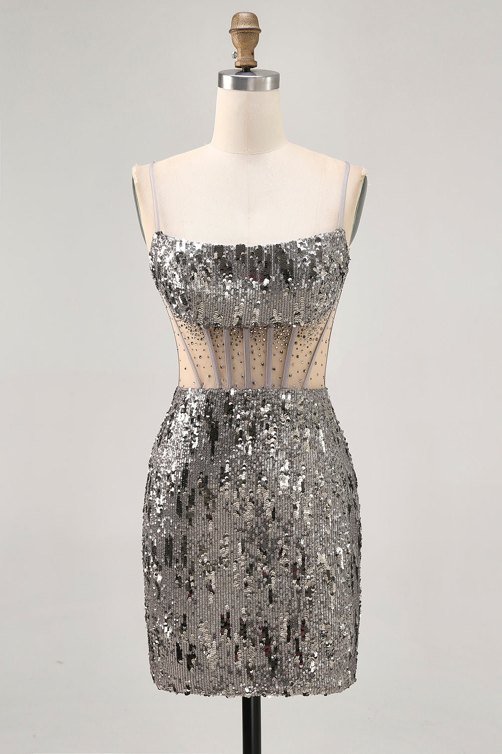 Sparkly Steel Grey Sequin Corset Short Tight Homecoming Dress