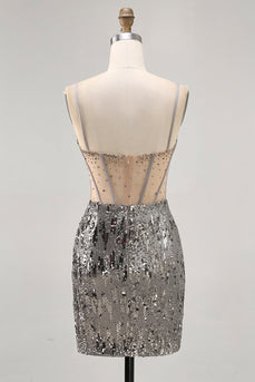 Sparkly Steel Grey Sequin Corset Short Tight Homecoming Dress