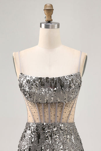 Sparkly Steel Grey Sequin Corset Short Tight Homecoming Dress
