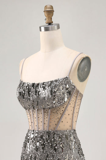 Sparkly Steel Grey Sequin Corset Short Tight Homecoming Dress