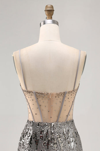 Sparkly Steel Grey Sequin Corset Short Tight Homecoming Dress