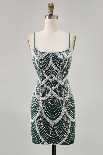 Sparkly Dark Green Tight Short Homecoming Dress with Beading