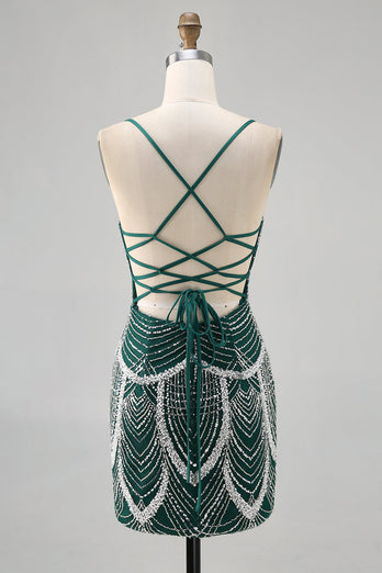 Sparkly Dark Green Tight Short Homecoming Dress with Beading