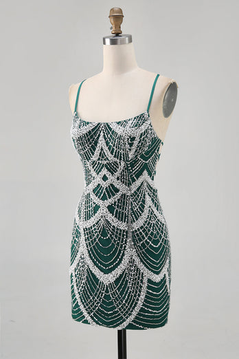 Sparkly Dark Green Tight Short Homecoming Dress with Beading