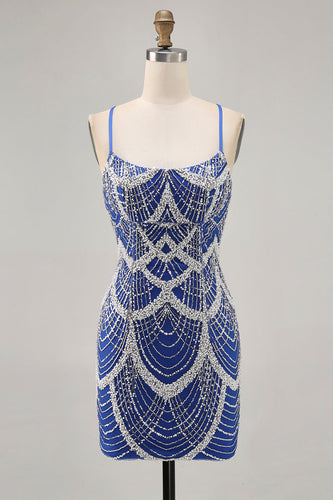 Sparkly Royal Blue Short Tight Homecoming Dress with Beading