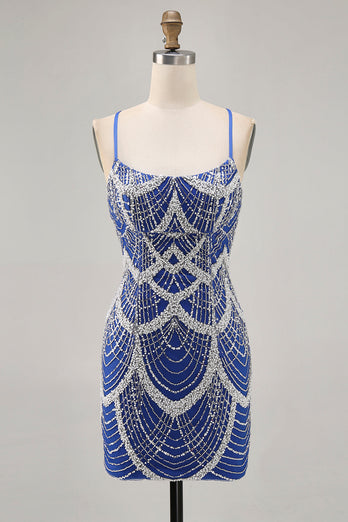 Sparkly Royal Blue Short Tight Homecoming Dress with Beading
