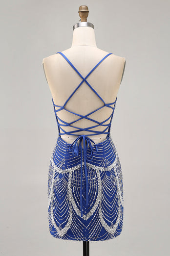 Sparkly Royal Blue Short Tight Homecoming Dress with Beading