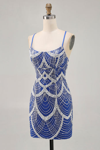 Sparkly Royal Blue Short Tight Homecoming Dress with Beading