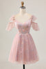 Load image into Gallery viewer, Sparkly Blush Cold Shoulder Floral Short Homecoming Dress with Ruffles