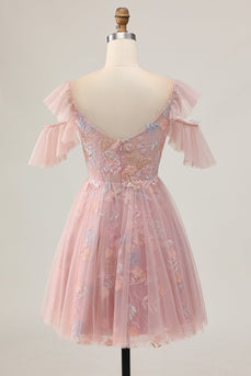 Sparkly Blush Cold Shoulder Floral Short Homecoming Dress with Ruffles