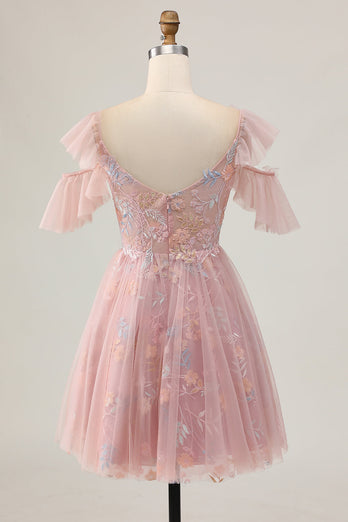 Sparkly Blush Cold Shoulder Floral Short Homecoming Dress with Ruffles