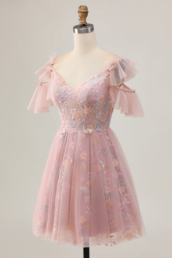 Sparkly Blush Cold Shoulder Floral Short Homecoming Dress with Ruffles