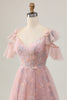 Load image into Gallery viewer, Sparkly Blush Cold Shoulder Floral Short Homecoming Dress with Ruffles