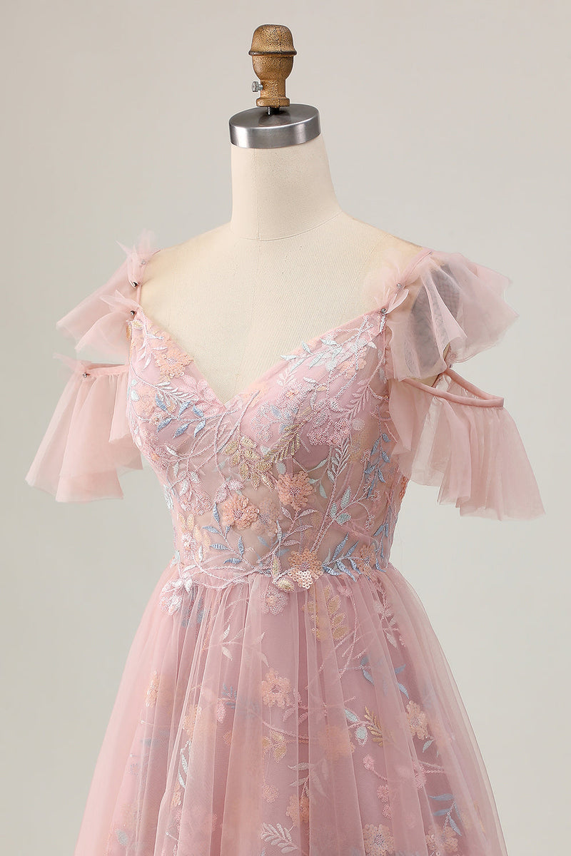 Load image into Gallery viewer, Sparkly Blush Cold Shoulder Floral Short Homecoming Dress with Ruffles