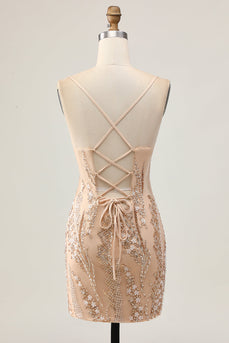 Sparkly Champagne Floral Short Tight Homecoming Dress with Beading