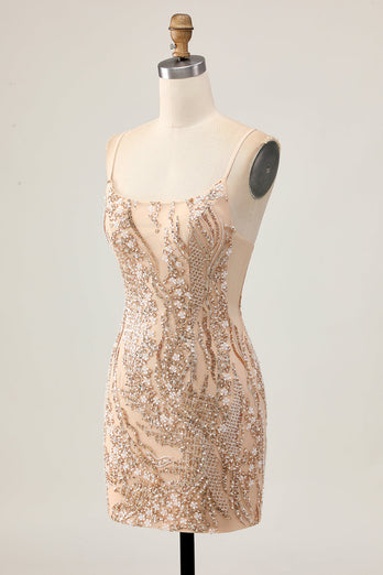 Sparkly Champagne Floral Short Tight Homecoming Dress with Beading