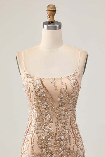 Sparkly Champagne Floral Short Tight Homecoming Dress with Beading