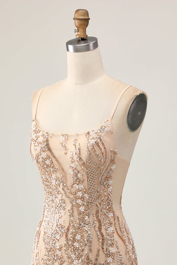 Sparkly Champagne Floral Short Tight Homecoming Dress with Beading