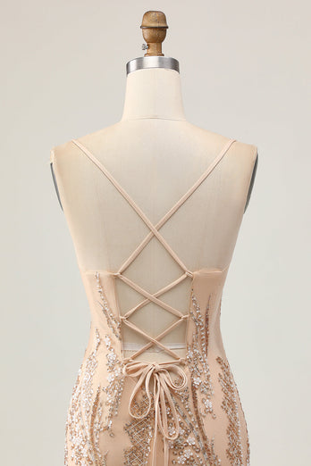 Sparkly Champagne Floral Short Tight Homecoming Dress with Beading