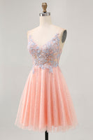 Load image into Gallery viewer, Blush and Blue Appliqued Sparkly Short Homecoming Dress with Sequins