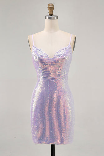 Sparkly Lilac Sequin Backless Tight Short Homecoming Dress