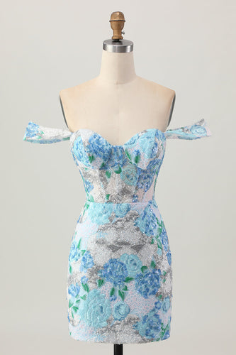 Sparkly Floral White Blue Sequins Off The Shoulder Short Homecoming Dress