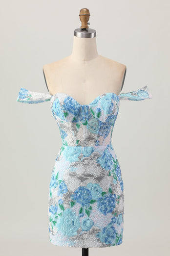 Sparkly Floral White Blue Sequins Off The Shoulder Short Homecoming Dress