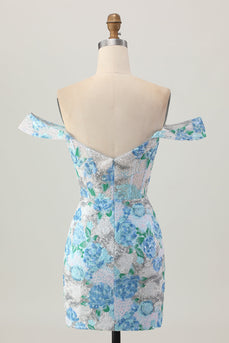 Sparkly Floral White Blue Sequins Off The Shoulder Short Homecoming Dress