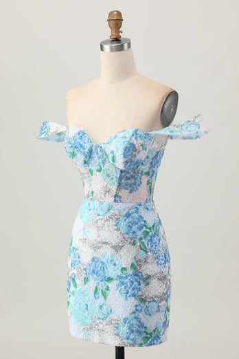 Sparkly Floral White Blue Sequins Off The Shoulder Short Homecoming Dress