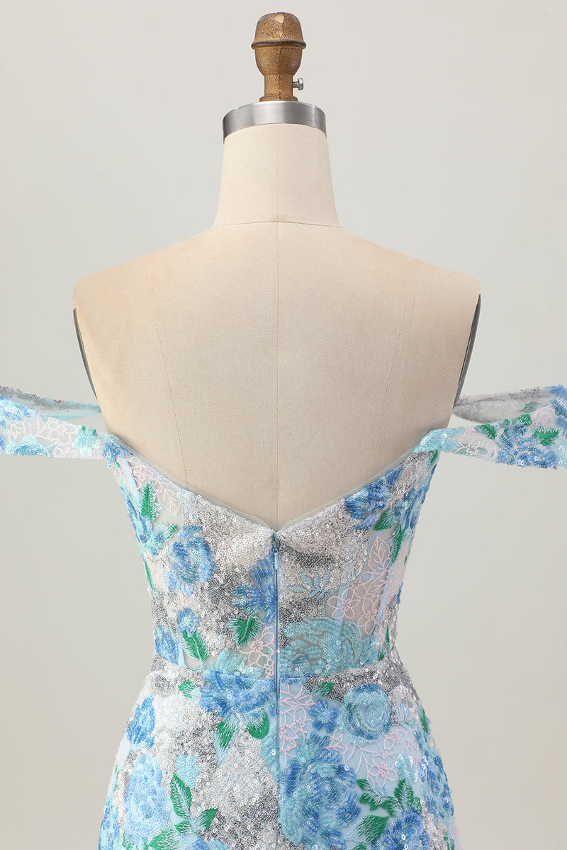 Load image into Gallery viewer, Sparkly Floral White Blue Sequins Off The Shoulder Short Homecoming Dress