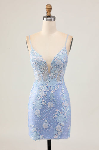 Sparkly Light Blue Corset Floral Short Tight Homecoming Dress with Appliques
