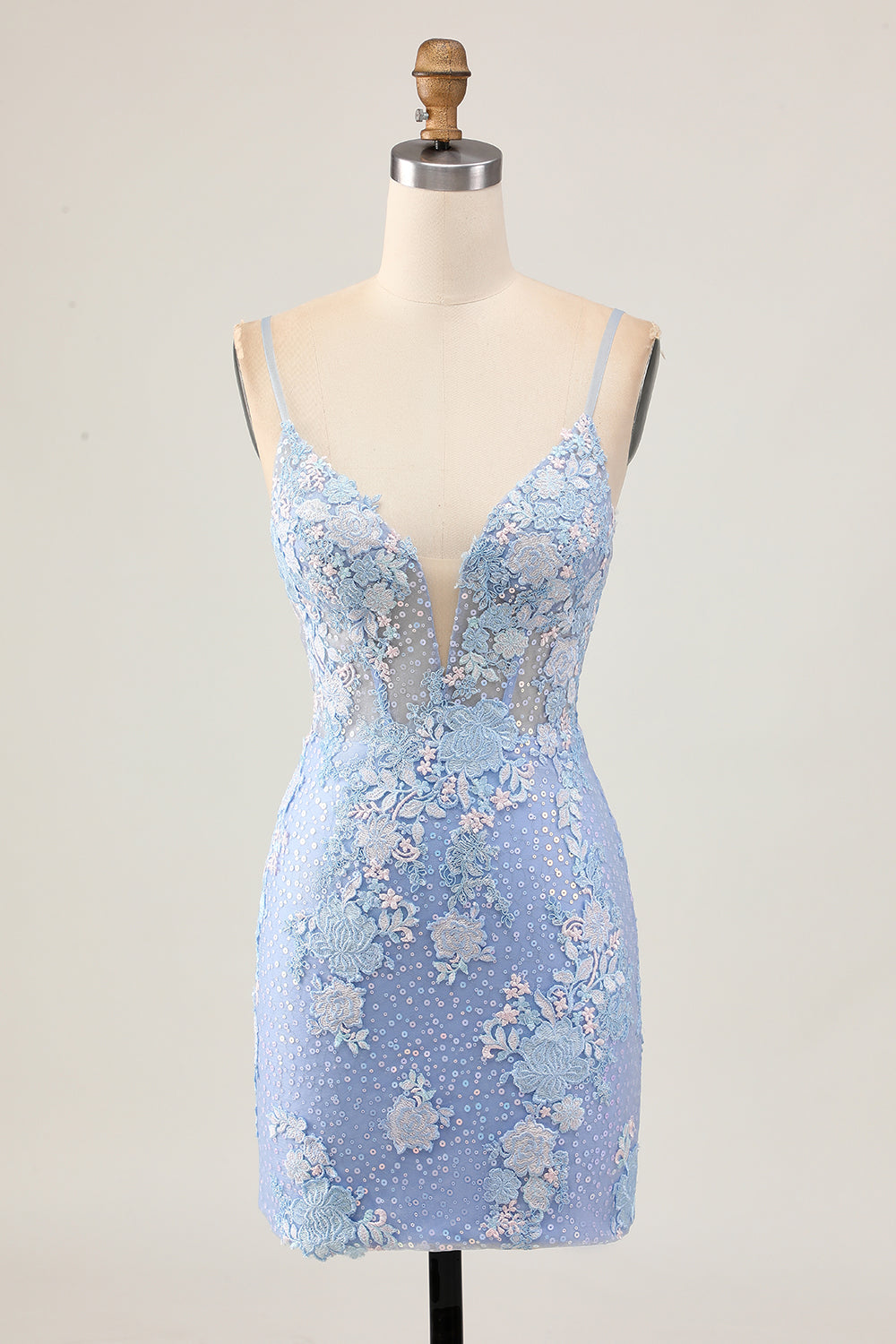 Sparkly Light Blue Corset Floral Short Tight Homecoming Dress with Appliques