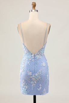 Sparkly Light Blue Corset Floral Short Tight Homecoming Dress with Appliques