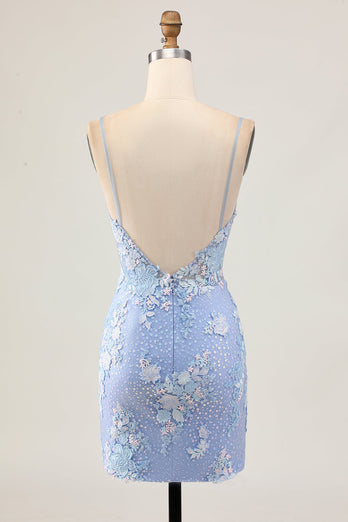 Sparkly Light Blue Corset Floral Short Tight Homecoming Dress with Appliques