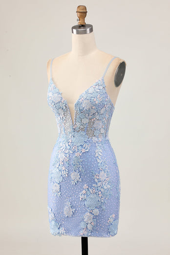 Sparkly Light Blue Corset Floral Short Tight Homecoming Dress with Appliques