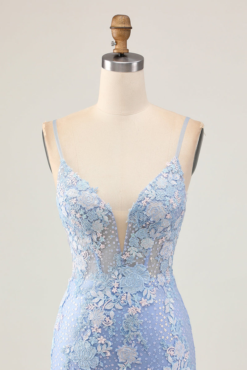 Load image into Gallery viewer, Sparkly Light Blue Corset Floral Short Tight Homecoming Dress with Appliques
