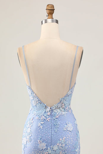 Sparkly Light Blue Corset Floral Short Tight Homecoming Dress with Appliques
